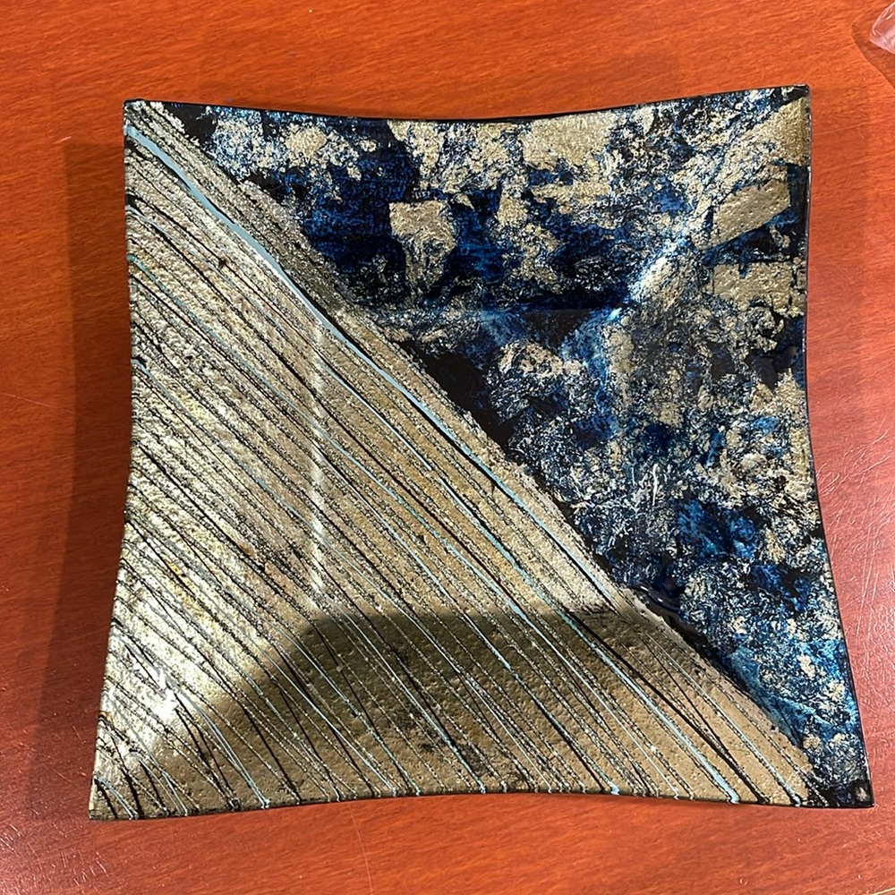 D’Lusso Blue and Gold Italian Glass Serving Dish 10” by 10”